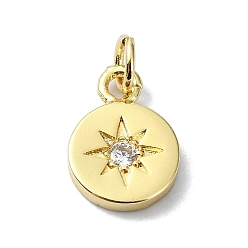 Плоский Круглый Подвески из латуни с микро-паве и звездной тематикой, прозрачные циркониевые подвески, без кадмия, без никеля и без свинца, с целью перехода в кольце, реальный 18 k позолоченный, плоско-круглые, 13x9x2 мм, отверстие : 3 мм