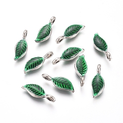 Green Antique Silver Plated Alloy Pendants, with Enamel, Leaf, Green, 16x6x3mm, Hole: 1.5mm