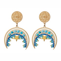 Золотой Серьги-гвоздики из стеклянного бисера в стиле бохо, с натуральным магнезитом и звездчатыми латунными бусинами, 201 серьги-луны из нержавеющей стали, золотые, 50x33.5 мм