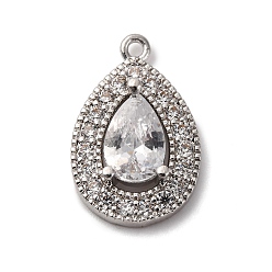 Платина Латунные микро проложить кубического циркония подвески, подвески в виде капель, стойки покрытие, долговечный, без кадмия и без свинца, платина, 20x13x4.5 мм, отверстие : 1.4 мм