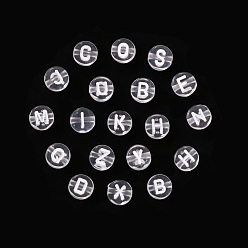 Clear Transparent Clear Acrylic Beads, Horizontal Hole, Mixed Letters, Flat Round with White Letter, 7x4mm, Hole: 1.5mm, 100pcs/Bag
