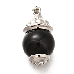 Платина Подвески из латуни и натурального черного агата (окрашенного и нагретого), круглые подвески, без кадмия и без свинца, долговечный, стойки покрытие, платина, 24x12.5 мм, отверстие : 2x4 мм