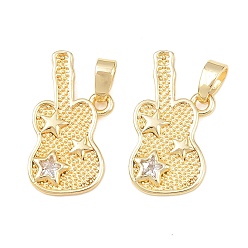 Настоящее золото 18K Латунные микро проложить кубического циркония подвески, гитара со звездой, реальный 18 k позолоченный, 20x10x2 мм, отверстие : 5x2 мм
