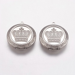 Stainless Steel Color Tarnish Resistant 304 Stainless Steel Locket Pendants, Flat Round with Crown, Stainless Steel Color, 31x36x9mm, Hole: 2mm