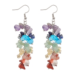 Mixed Stone Natural & Synthetic Mixed Gemstone Chips Beaded Candy Cane Dangle Earrings, 304 Stainless Steel Wire Wrap Earringss, 76~76.5mm