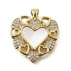 Настоящее золото 18K Подвески в форме ракушек из латуни с микропаве и кубическим цирконием, без кадмия и без свинца, сердце, реальный 18 k позолоченный, 23x23.5x3.5 мм, отверстие : 3.5 мм