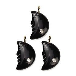 Obsidian Natural Obsidian Pendants, Moon Charms, with Brass Pave Cubic Zirconia Findings, Golden, 40~42x22~24x7~8mm, Hole: 4.5mm