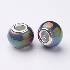 Mixed Color Electroplate Imitation Jade Glass  European Beads, with Silver Color Plated Brass Double Core, Full Rainbow Plated, Large Hole Rondelle Beads, Mixed Color, 14~15x11mm, Hole: 4.5~5mm