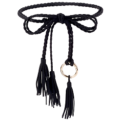 Черный Ремни ручной работы из искусственной кожи, сплетенные из веревки., Тонкие ремни с кисточками и узлами на талии, украшенные кольцами из сплава золотистого цвета., чёрные, 1100x6x3 мм