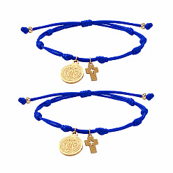Blue 304 Stainless Steel Round Tag Religon Cross Charm Nylon Wax Cord Bracelet Bracelet Sets, Adjustable Stackable Bracelets, Golden, Blue, 11.02 inch(28cm), 2pcs/set