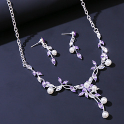 Фиолетовый Комплекты из ожерелий с подвесками из сплава листьев, страз и пластикового жемчуга и серег-гвоздиков, фиолетовые, 480 мм