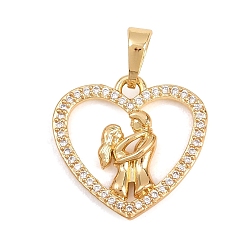 Настоящее золото 18K Латунный кулон с микропаве из циркония, сердце с парными подвесками, без кадмия и без свинца, реальный 18 k позолоченный, 17.5x18x3 мм, отверстие : 3.5x6 мм