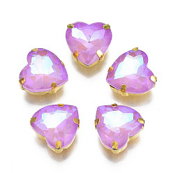 Фиолетовый Шить на горный хрусталь, флуоресцентный стиль мокко, многожильных ссылки, стекло горный хрусталь, с позолотой 201 зубцы из нержавеющей стали, аксессуары для одежды, граненые, сердце, фиолетовые, 12x12x6 мм, отверстие : 1 мм