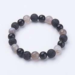 Light Grey Natural Agate Stretch Bracelets, with Obsidian and Lava Rock, Round, Light Grey, 2-1/4 inch(57mm)