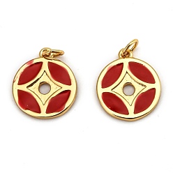 Настоящее золото 18K Латунь эмаль прелести, долговечный, с целью перехода в кольце, форма медной монеты, красные, реальный 18 k позолоченный, 13x11x1.2 мм, отверстие : 2.7 мм