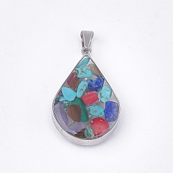 Смешанные камни Природные и синтетические смешанные каменные подвески, со стеклянными и 304 выводами из нержавеющей стали, слеза, цвет нержавеющей стали, 26.5~27x17~17.5x6.5~7 мм, отверстие : 3x5.5 мм