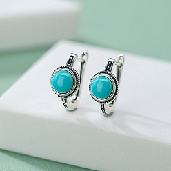 Синтетическая Бирюза Полукруглые серьги-кольца из синтетической бирюзы., с застежкой из стерлингового серебра, античное серебро, 6 мм