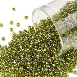 (996) Gilt Lined AB Peridot Toho runde Rocailles, japanische Rocailles, (996) Ab Peridot mit Gold ausgekleidet, 11/0, 2.2 mm, Bohrung: 0.8 mm, über 1110pcs / Flasche, 10 g / Flasche