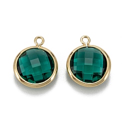 Green Brass Glass Charms, Golden, Long-Lasting Plated, Lead Free & Nickel Free & Cadmium Free, Flat Round, Green, 14x11x4.5mm, Hole: 1.2mm