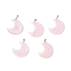 Розовый Кварц Природного кварца хрустальных подвесок, Луна прелести, с латунной фурнитурой платинового цвета, 30.5x27x9 мм, отверстие : 4x3 мм