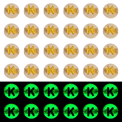 Letter K 50G Luminous Transparent Acrylic Beads, Flat Round with Letter, Glow in the Dark, Golden Metal Enlaced, Letter K, 7x4mm, Hole: 1.8mm, about 370pcs/50g