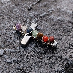 Mixed Stone Natural Black Stone Cross Pendants, Chakra Gems Charms, 34x23x8mm