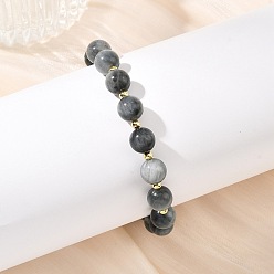 Piedra de Ojo de Águila Pulseras elásticas de ojo de halcón natural y cuentas redondas de latón para mujeres y hombres, real 18 k chapado en oro, perlas: 8 mm, diámetro interior: 2.28 pulgada (5.8 cm)
