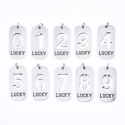Number Non-Tarnish 201 Stainless Steel Pendants, Laser Cut, with Jump Rings, Rectangle with Number and Word LUCKY, Stainless Steel Color, Mixed, 35x17x1.5mm, Jump Ring: 6x1mm, Inner Diameter: 4mm