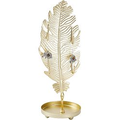 Feder Ohrringständer aus Eisen mit rundem Tablett, Ohrring-Organizer-Halter-Ornament, golden, Federmuster, 7x6.6x18.5 cm