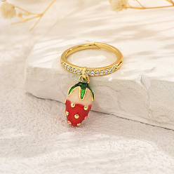 Клубника Женские кольца-пальцы с фруктами и подвеской из латуни с микропаве из кубических цирконий, золотые, клубника, 16x9 мм, внутренний диаметр: 16мм~19мм