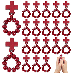 Dark Red 25Pcs Wood Cross & Round Beads Finger Rings, with Polyester Cord, Dark Red, US Size 8 1/2(18.5mm)