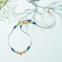 White Glass Seed & Cat Eye Waist Beads, Brass Evil Eye Charm Belly Chains for Women, White, 31.69 inch(80.5cm)