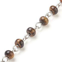 Tiger Eye Handmade Natural Tiger Eye Beaded Chains, Unwelded, with Iron Needle, Platinum, 39.37 inch, 6~6.5x4mm, 1m/strand
