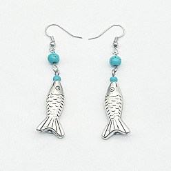 Fish Серьги-подвески из цинкового сплава с синтетической бирюзой, серебряные, рыба