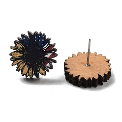 Flower Independence Day Wood Stud Earrings, with 304 Stainless Steel Pins, Flower, 16.5mm