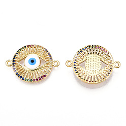 White Brass Micro Pave Cubic Zirconia Links, with Enamel, Flat Round with Eye, Golden, White, 18.5x24x4.5mm, Hole: 1.2mm