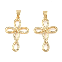 Golden Brass Micro Pave Clear Cubic Zirconia Pendants, Infinity Shaped Cross Charms, Cadmium Free & Lead Free, Golden, 30x19x3mm, Hole: 5X3mm