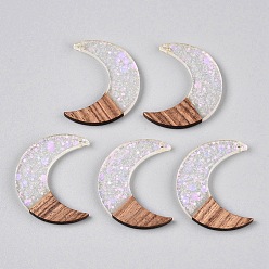 Бледно-Розовый Подвески из эпоксидной смолы и орехового дерева, с пайеткой / блестками, луна, розовый жемчуг, 38x27~28.5x3.5 мм, отверстие : 1.6 мм