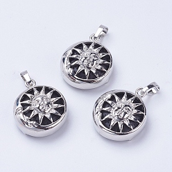 Лавовый камень Подвески из натуральной лавы, с латунной фурнитурой , плоские круглые с солнцем, платина, 28x24x9~10 мм, отверстие : 5x7 мм