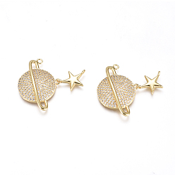 Clear Brass Micro Pave Cubic Zirconia Pendants, Long-Lasting Plated, Planet, Universe Space Charms, Golden, Clear, Planet: 27x20x4mm, Star: 13x10x2.5mm , Hole: 1mm and 1.4mm