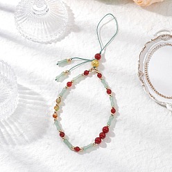 Red Natural Carnelian & Peacock Green Agate Mobile Straps, with Nylon Threads, Bamboo, Red, 525mm