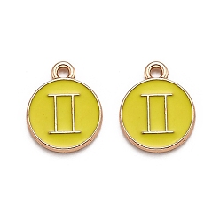 Близнецы Подвески из эмали и сплава, плоский круглый с созвездием / знак зодиака, золотые, Близнецы, 15x12x2 мм, отверстие : 1.5 мм