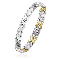 Золотой & Цвет Нержавеющей Стали Браслеты с ремешком из нержавеющей стали, со светлыми розовыми и хрустальными стразами и ремешками для часов, золотые и нержавеющая сталь цвет, 8-5/8 дюйм (22 см)