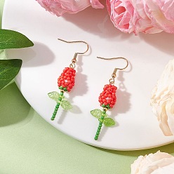 Красный Серьги-подвески в виде цветка из нержавеющей стали и стекла, с перламутровыми круглыми бусинами из стекла, окрашенными методом выпекания, и биконусными стеклянными бусинами, имитирующими австрийский хрусталь, с гальваническим покрытием, золотые, красные, 52x17 мм