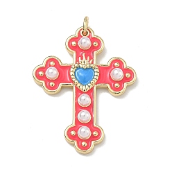Красный Подвески из латуни с эмалью и имитацией жемчуга из АБС-пластика., крест прелести, долговечный, без кадмия и без свинца, стойки покрытие, реальный 18 k позолоченный, красные, 31.5x25x4 мм, Перейти кольцо: 5x1 мм, внутренний диаметр: 3 мм