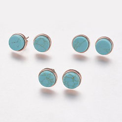 Synthetic Turquoise Synthetic Turquoise Malachite Stud Earrings, with Brass Findings, Real Rose Gold Plated, Flat Round, 11.5x4.5~5.5mm, Pin: 1mm