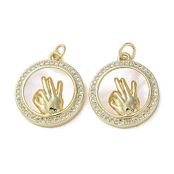 Real 18K Gold Plated Gesture Theme Brass Micro Pave Cubic Zirconia Pendants, with Shell, Flat Round, Cadmium Free & Lead Free, Real 18K Gold Plated, 21.5x19x4mm, Hole: 3mm