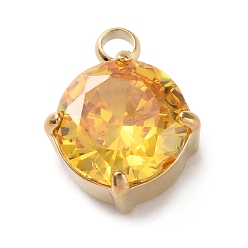 Желтый 304 микро нержавеющей стали прокладывать Цирконом подвески, плоские круглые прелести, желтые, 10.5x8x4.5 мм, отверстие : 1.8 мм