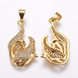 Golden Brass Micro Pave Cubic Zirconia Pendants, Swan, Golden, 25x16x3.5mm, Hole: 3x4mm