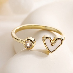 Сердце Открытые манжеты из латуни с микропаве и цирконием для женщин, с оболочкой синтеза, реальный 18 k позолоченный, сердце, размер США 6 3/4 (17.1 мм)